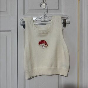 White knit embroidered mushroom sweater vest